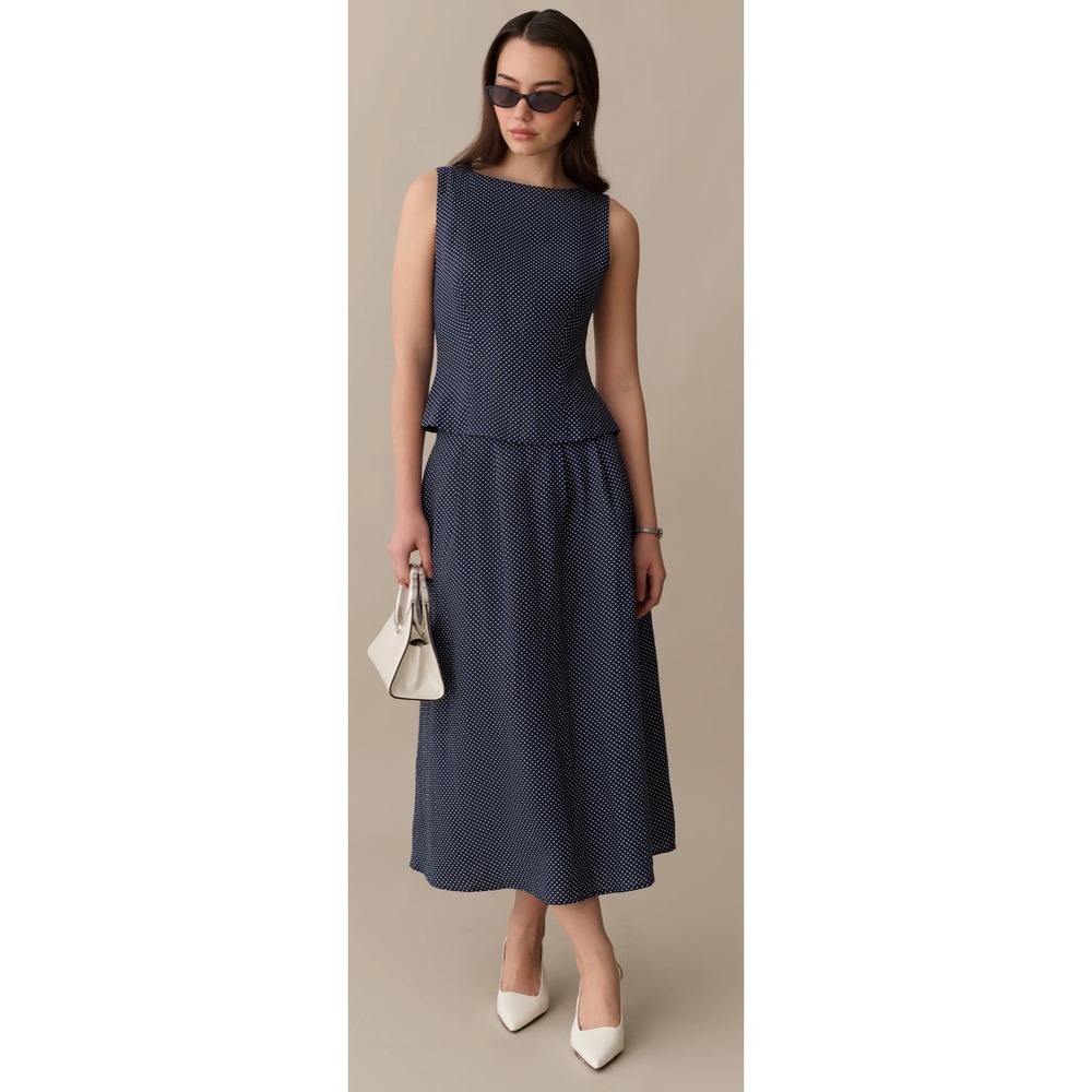 Few Moda O.P.T. Navy Polka Dot Set Sleeveless Top & Midi Skirt Women Size 10